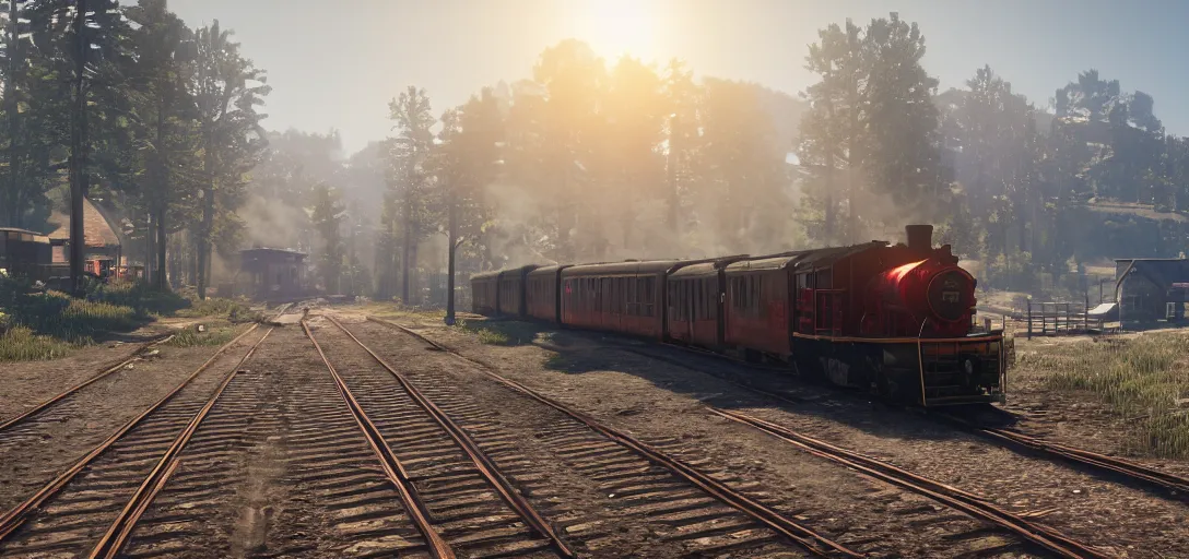 Image similar to A train in red dead redemption 2, screenshot, high quality image, widescreen, in-game engine, 8k, octane render, by greg rutkowski