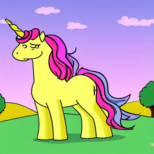 Prompt: A nice Unicorn with a simple rounded line in a meadow, style simpsons