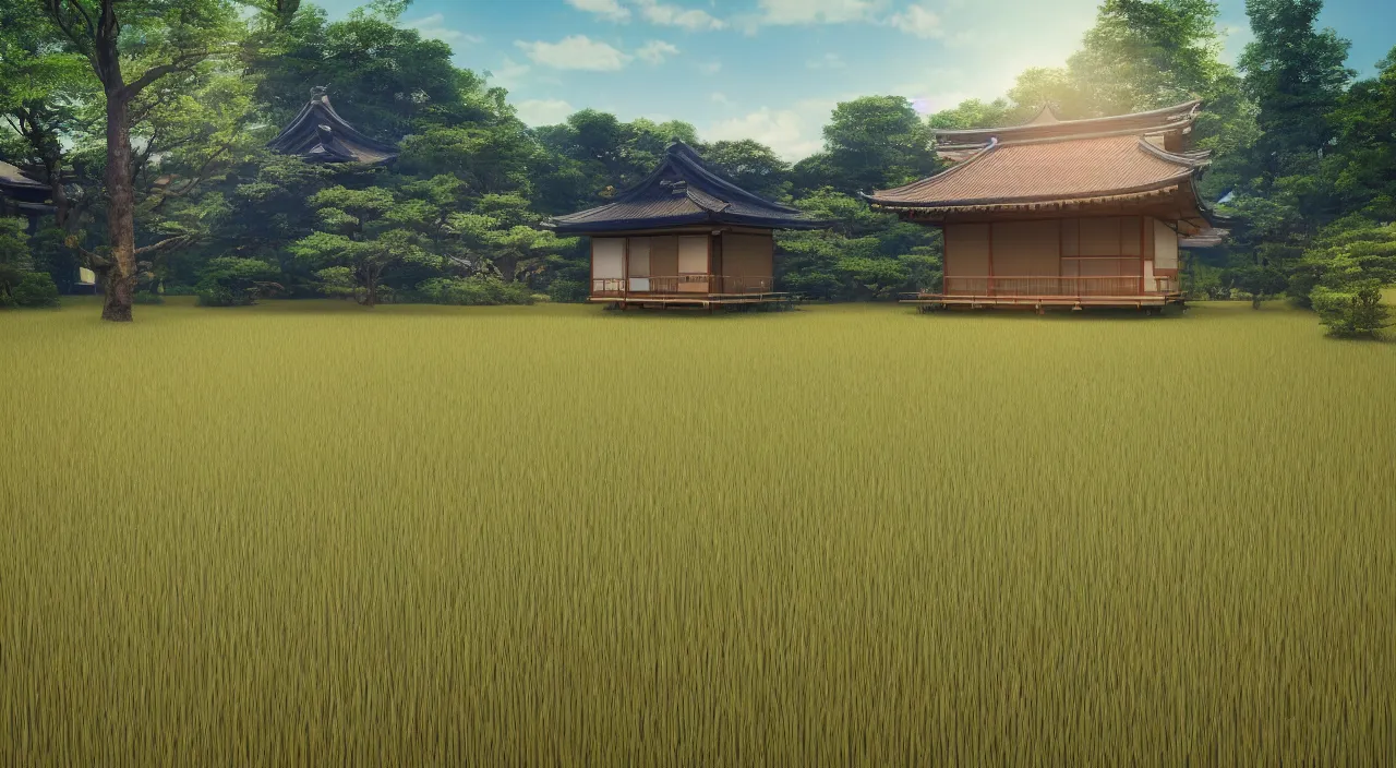 Prompt: Japanese house in the middle of low grass field at sunny day, trending on artstation,