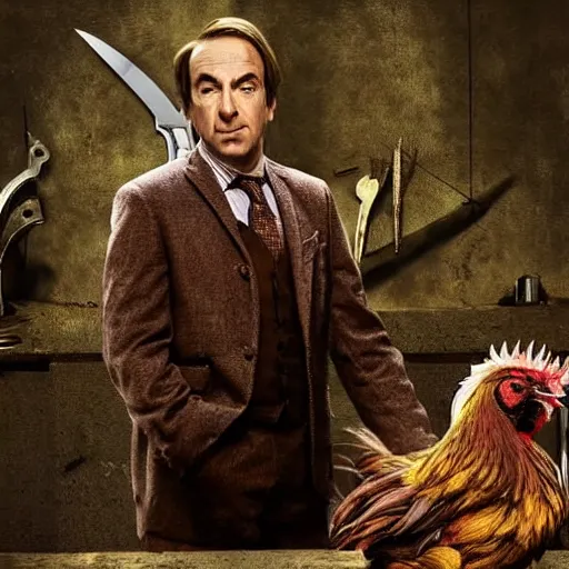 Image similar to saul goodman and a rooster in a medieval torture chamber, saw blades and knives in the background, horror movie, saul goodman, rooster, real life photo, detailed face