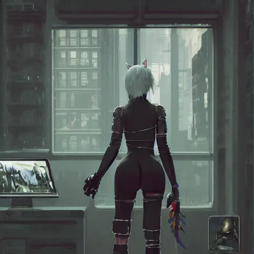 Image similar to new york city portrait of 2B nier automata as a furry anthro anthropomorphic animal person fursona wearing skin tight clothes muzzle gloomy rainy screenshot from the video game cyberpunk 2077 digital art by Greg Rutkowski, Simon Stalenhag, christopher nolan trending on Artstation, CGSociety
