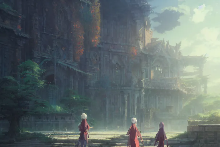 Image similar to ultra realistic, huge gate, colors, 8 k, hd, details, fantasy, epic, ancient city, landscape illustration concept art anime key visual trending pixiv fanbox by wlop and greg rutkowski and makoto shinkai and studio ghibli and kyoto animation symmetrical facial features