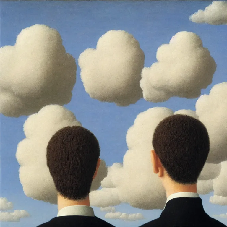 Image similar to portrait of a man whos head is a cloud, by rene magritte, detailed painting, hd, hq, high resolution, high detail, 4 k, 8 k