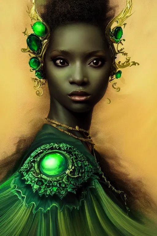 Prompt: portrait of a black princess warrior , fantasy, gradient black green gold, dreamy and ethereal, green eyes, golden ratio, peaceful expression, ornate frilly dress, fantasy, intricate, elegant, rainbow splash of ink, highly detailed, digital painting, artstation, concept art, smooth,b sharp focus, illustration, art by artgerm and greg rutkowski and alphonse mucha