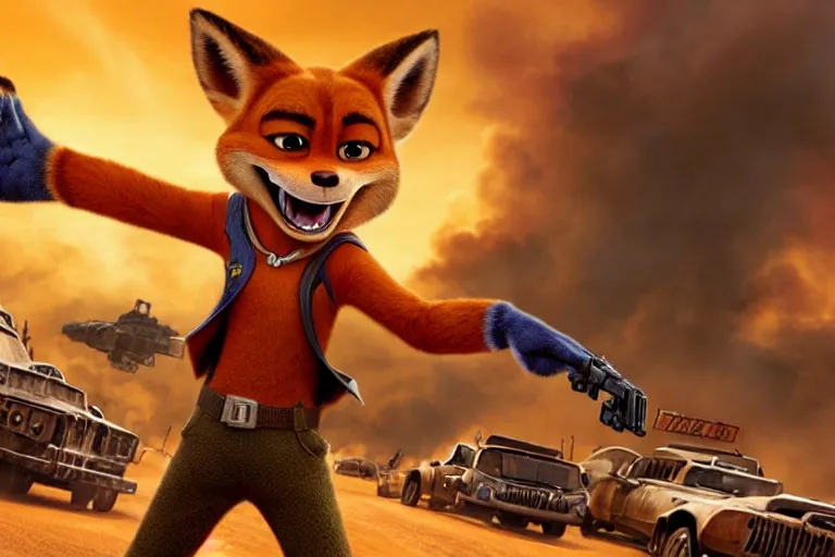 Image similar to nick wilde ( from zootopia ), heavily armed and armored facing down armageddon in a dark and gritty reboot from the makers of mad max : fury road