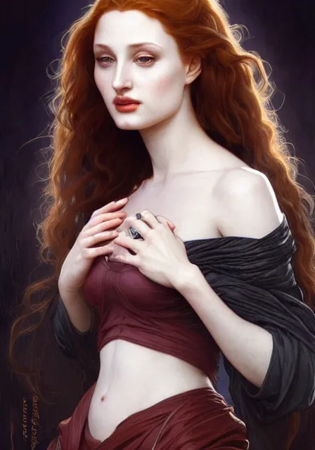 Image similar to sansa angeline jolie gessica chastain vampire teeth, intricate, elegant, highly detailed, digital painting, artstation, concept art, smooth, sharp focus, illustration, art by artgerm and greg rutkowski and alphonse mucha and william - adolphe bouguereau