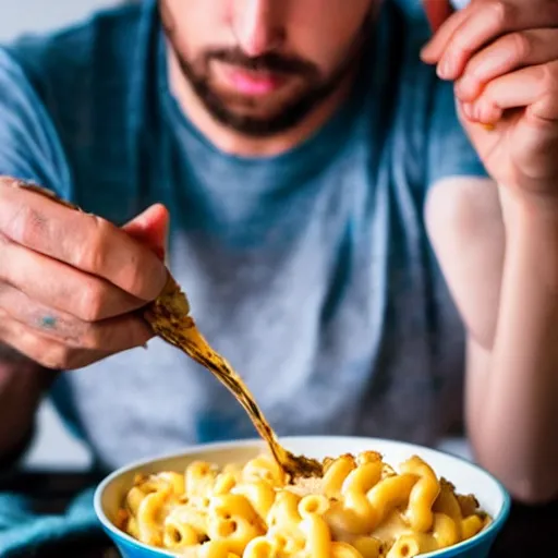 Prompt: a man vomiting mac n' cheese into his own bowl. photograph.