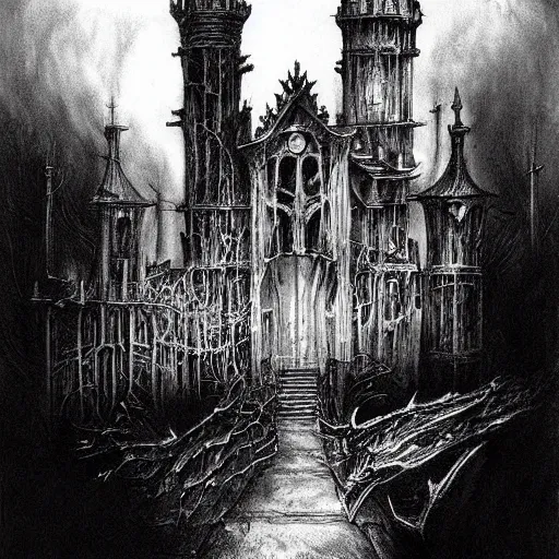 Prompt: Black and white drawing of Castlevania, Stephen Gammell style, evil, high detail, Scary Stories
