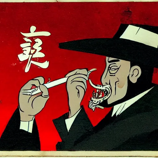 Image similar to A mafia man with a tobacco in his left hand, behind him is a Chinese dragon emanating a red aura of danger.