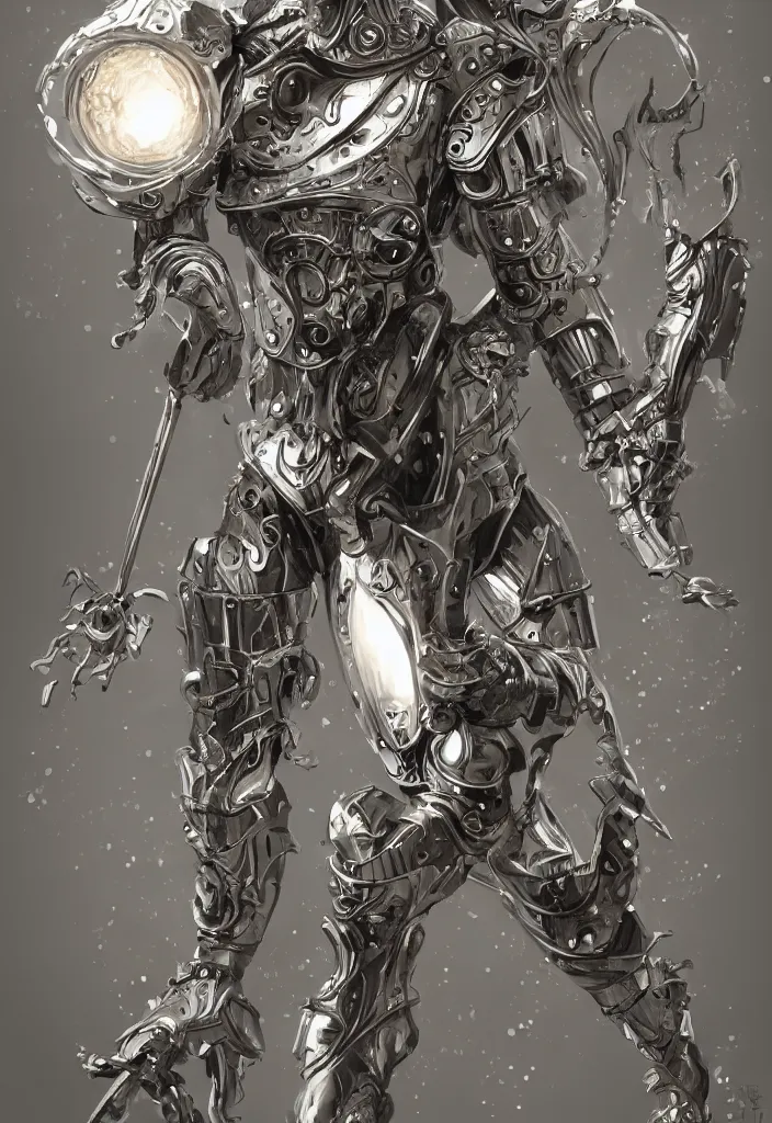 Image similar to powerful male tin man, willem dafoe as tinman, full body character concept, covered in full metal armor, art nouveau, super powers, fantasy, intricate, elegant, highly detailed, digital painting, artstation, concept art, shining, sharp focus, illustration, art by stanley lau