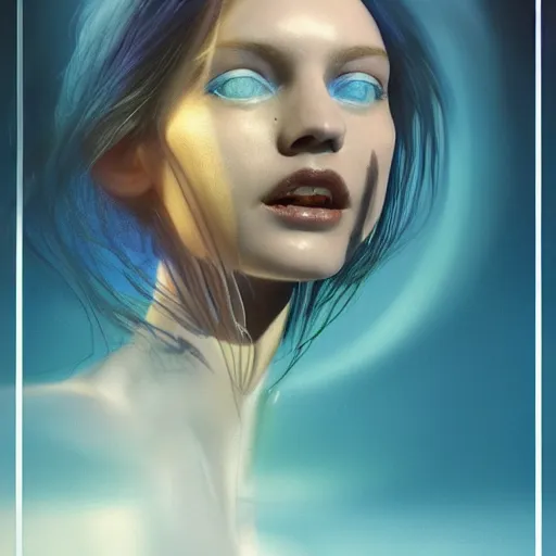 Image similar to 3 d, sci - fi, close - up, morning, smiling fashion model face, sun, cinematic, clouds, sun rays, vogue cover style, poster art, blue mood, realistic painting, intricate oil painting, high detail illustration, figurative art, multiple exposure, poster art, 3 d, by tooth wu and wlop and beeple and greg rutkowski