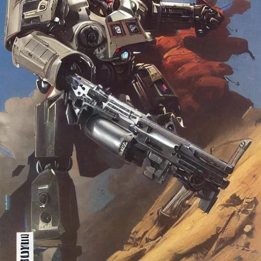 Image similar to ruger revolver redhawk 3 5 7 revolver mobile combat suit firearm rococo robot, smith wesson 6 8 6 mecha android, detailed illustration, concept art, smooth, sharp focus, by gaston bussiere, katsuya terada, nc wyeth, bandai macross box art, canon eos