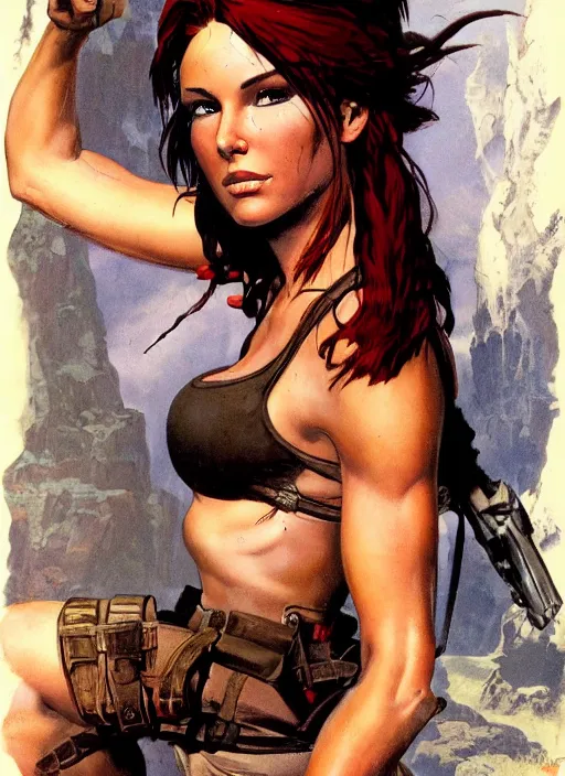 Prompt: portrait of tomb raider with red hair illustration by frank frazetta and boris vallejo