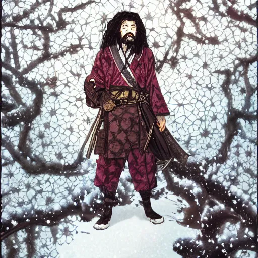 Image similar to detailed portrait of hagrid samurai with swords and steampunk rifles, in snow forest sakura cherry blossom, hakama kimono, trending on artstation elite, elegant, luxury, by krenz cushart, junji ito, takato yamamoto, perfect face, fine details, realistic shaded, fine - face, pretty face