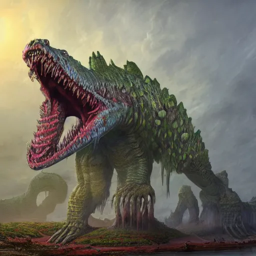 Image similar to dukhara scavenger, colossal dreadmaw, driven, highly detailed, digital painting, HDRI, by Randy Vargas and wayne barlowe, vivid colors, high contrast, 8k resolution, intricate, photorealistic, smooth