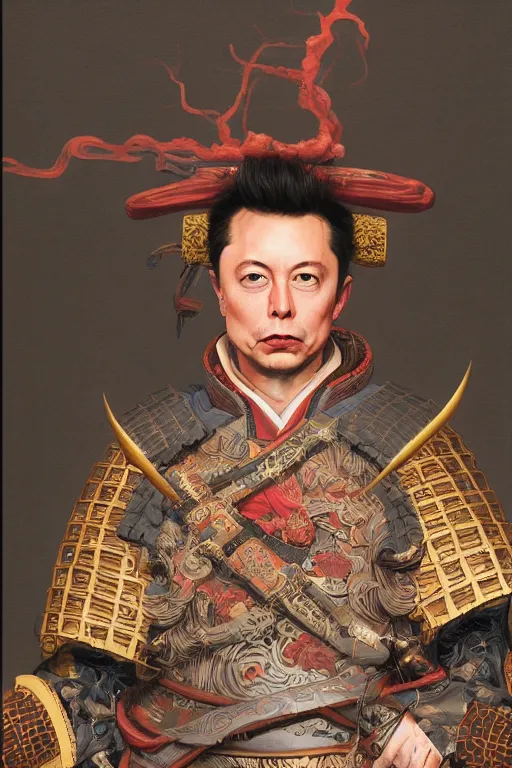 Image similar to Baroque painting of a Elon Musk as a samurai, inspired by Gustav Moreau and Wayne Barlowe, exquisite detail, hyper realism, ornate, exquisite detail, cute face