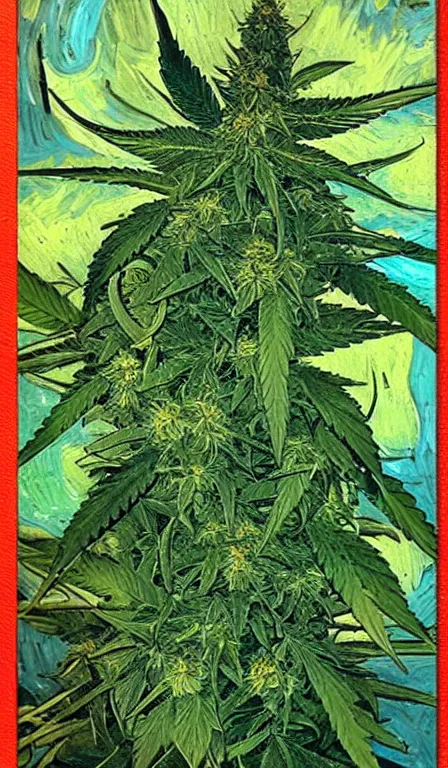 Image similar to devil spreads his hands against the background of growing cannabis. an oil painting in the style of van gogh