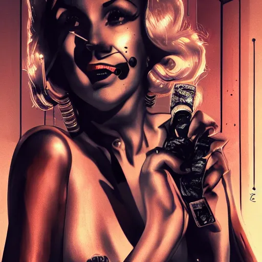 Image similar to marilyn monroe cyberpunk, cigarette dangling, grenade in hand, by pascal blanche, ultradetailed, 8 k