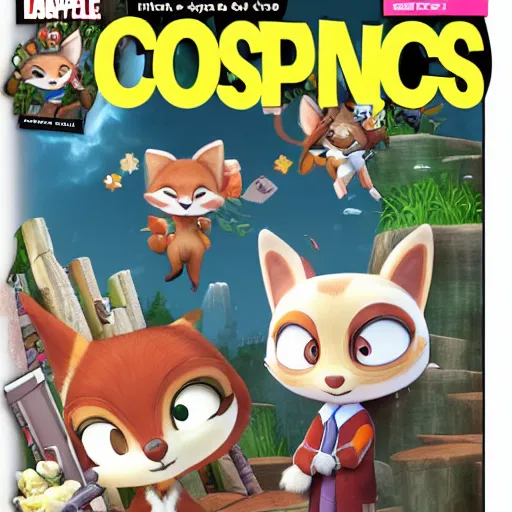 Image similar to 7 0's comic magazine cover, maple story and zootopia, maple story gun girl, fox from league of legends chibi, soft shade, soft lighting