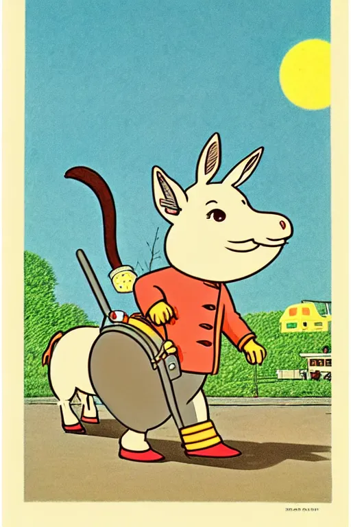 Prompt: by richard scarry. happy donkey a 1 9 5 0 s retro illustration. studio ghibli. muted colors, detailed