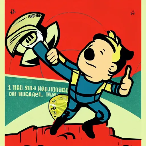 Image similar to fallout 4 vault boy thumbs up, nuclear war, soviet era propaganda poster, illustration
