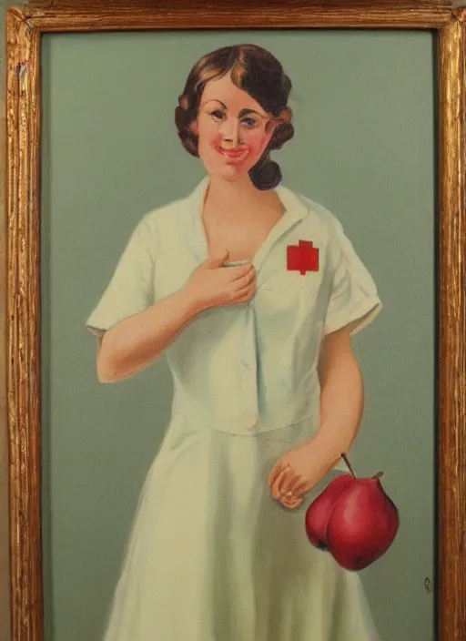 Image similar to vintage beautiful painting of a nurse holding a pear