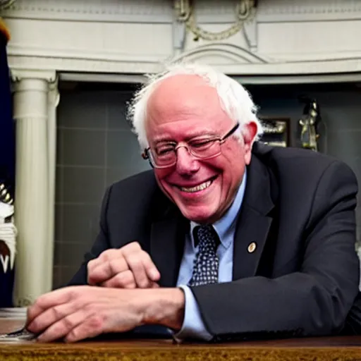 Prompt: president bernie sanders smiling in the oval office