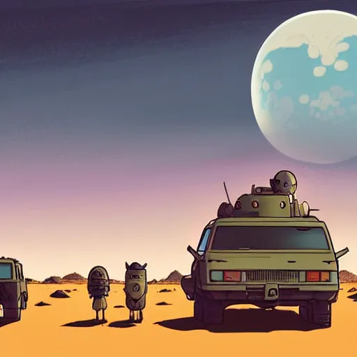 Image similar to a study of cell shaded cartoon giant gods on a desert road, in front of a big moon, full body, wide shot, very muted colors, post grunge, studio ghibli, laurie greasley, highly detailed, deviantart, art by artgem