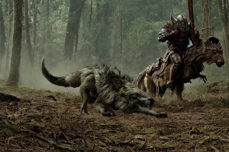 Image similar to vfx movie closeup detailed ancient armored warrior orc hunting riding large wolf in the forest, natural lighting by emmanuel lubezki