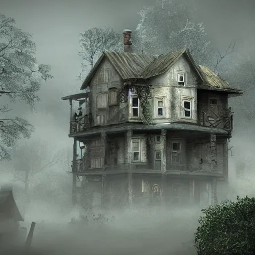 Image similar to Village, horror, fog, foster, highly detailed, one house, fear, hyper realistic, atmospheric lighting