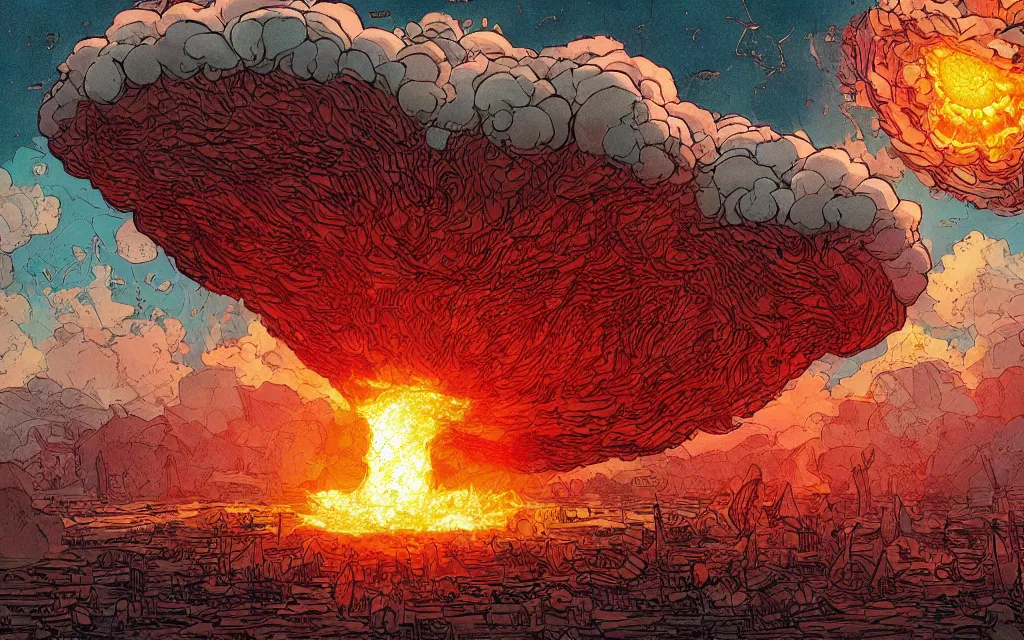 Prompt: massive thermonuclear explosion mushroom cloud, in the style of james jean and laurie greasley, dynamic composition, dramatic lighting, ultra detailed, colorful