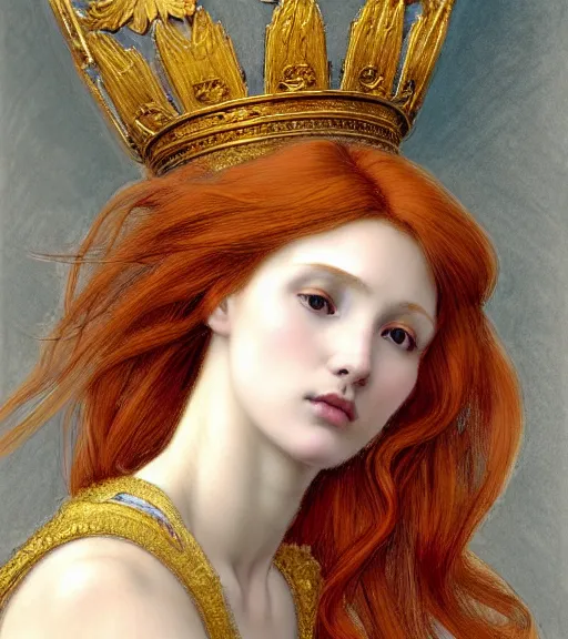 Prompt: portrait of a beautiful auburn - haired woman with a guilded crown sitting on a throne with heightened detail, poised, intense emotion, detailed facial expression, detailed surroundings, intricate, elegant, highly detailed, centered, digital painting, artstation, concept art, smooth, sharp focus, illustration, by ( sir edward coley burne - jones ), wlop
