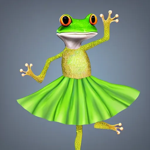 Prompt: fashion show with an old smiling green tree frog dressed in a green skirt, photo realistic, matte image