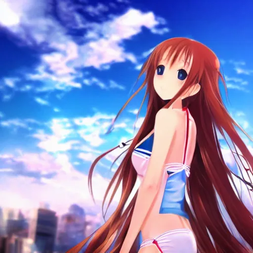 Image similar to a very beautiful young yuuki asuna taking a selfie on 9 / 1 1, full body, long wavy hair, sky blue eyes, full round face, bikini, miniskirt,, cinematic wallpaper