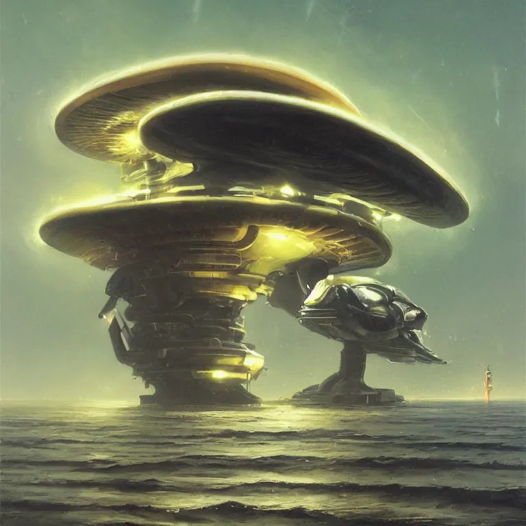 Image similar to mechanical nautilus spaceship dripping wet rising from a the ocean, sci - fi concept art, by john harris, by simon stalenhag, by vincent di fate, stunning, award winning