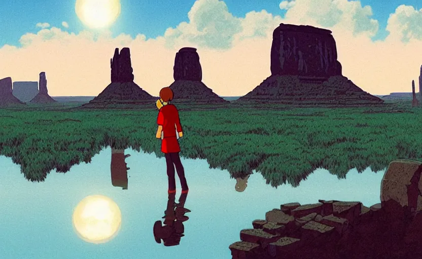 Image similar to a realistic cell - shaded studio ghibli concept art from paprika ( 2 0 0 6 ) of a flying multi - colored cube android from close encounters of the third kind ( 1 9 7 7 ) in a flooded monument valley stonehenge jungle on a misty starry night. very dull colors, wide shot, hd, 4 k, hq