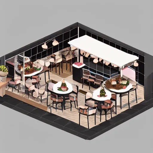 Prompt: 3d isometric render of a beautiful cafe, unreal engine, octane renderer