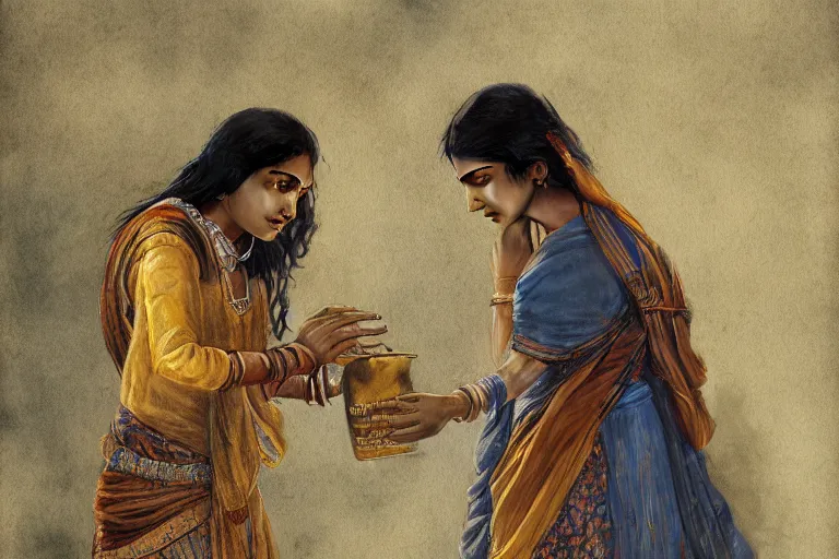 Image similar to an indian women getting water,digital painting, Pre-Raphaelites, highly detailed, concept art, smooth, sharp focus, gold and indigo, illustration, cinematic style, 35mm, art by Yoshitaka Amano