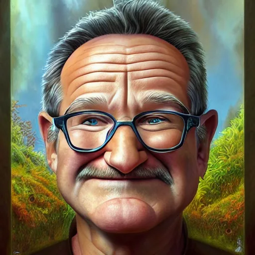 Prompt: Portrait of Robin Williams Funny cartoonish by Gediminas Pranckevicius H 640 and Tomasz Alen Kopera, masterpiece, trending on artstation