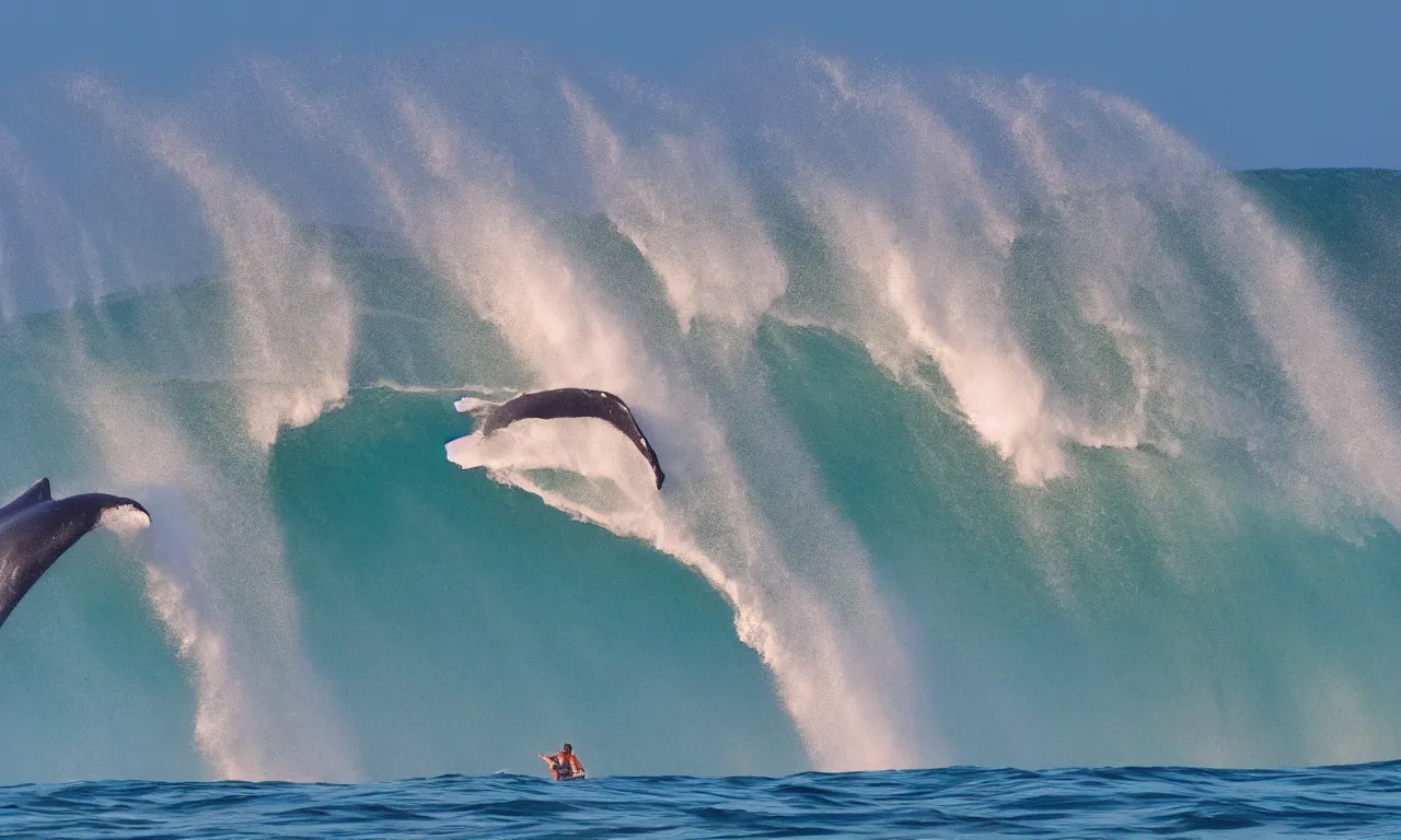 Image similar to dozens of gigantic whales surfing a big wave, photography by Hayden Richards, award winner, slow motion, refractions, summer, colored, nazare (portugal), 180mm, cinematic,