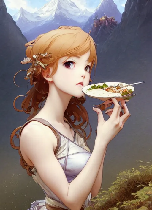 Prompt: concept art by artgerm, cute anime girl eating her dinner, cold natural light, intricate, elegant, highly detailed, mountain background with houses and river, digital painting, artstation, concept art, smooth, sharp focus, illustration, art by greg rutkowski and alphonse mucha and uang guangjian and gil elvgren, symmetry!!