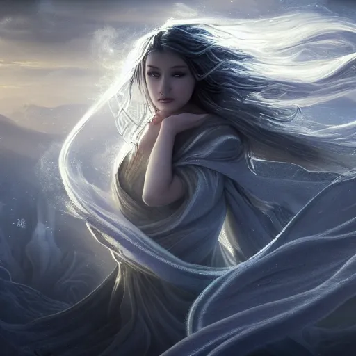 Prompt: streams of smoke and snow swirl around a young woman wearing a long flowing cloak blowing in the wind, swirling flashes of gold and silver light, cinematic lighting, fantasy painting, distant planet
