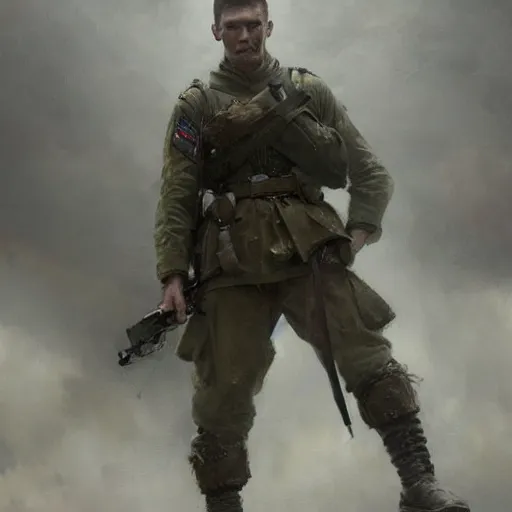 Image similar to a dramatic epic ethereal portrait of a WWII soldier, full body with dynamic pose, male, detailed face, cinematic lighting, highly detailed oil on canvas painting by Greg Rutkowski, winning-award digital art trending on Artstation H 1024 W 832