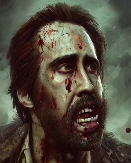 Image similar to hyper realistic photo portrait nicholas cage bearded zombie cinematic, greg rutkowski, james gurney, mignola, craig mullins, brom