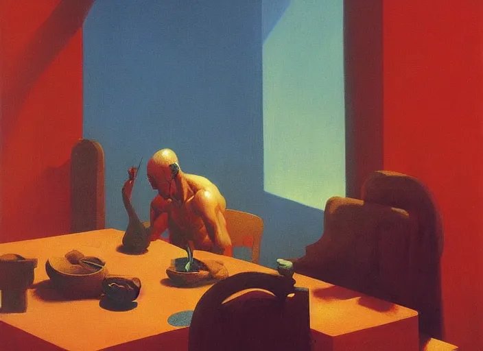 Prompt: painting about a man dining with a horse, science fiction, Edward Hopper and James Gilleard, Zdzislaw Beksinski, highly detailed