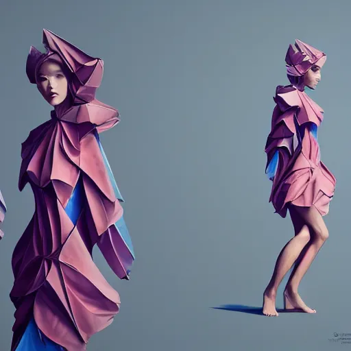 Image similar to 3 / 4 view of a beautiful girl wearing an origami dress, eye - level medium shot, elegant, by eiko ishioka, by peter mohrbacher, centered, fresh colors, origami, fashion, detailed illustration, vogue, high depth of field, japanese, reallusion character creator