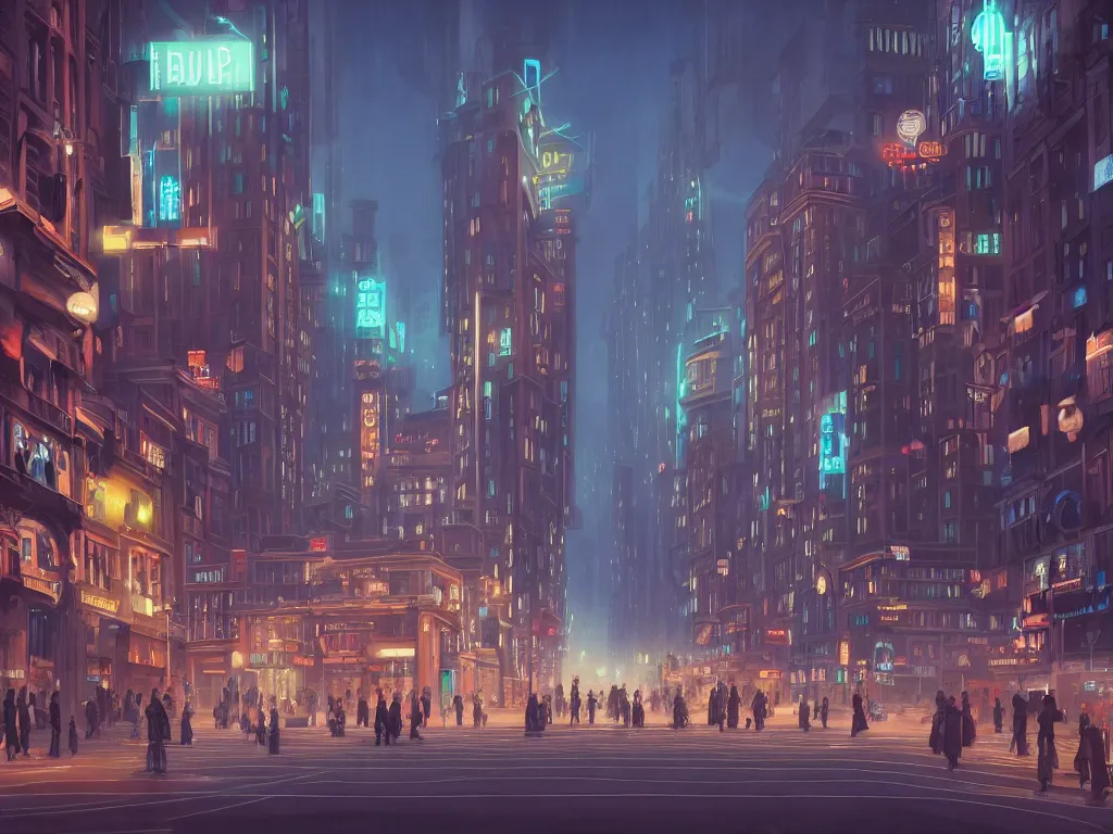 Prompt: beautiful matte painting of a busy city street with complex buildings, bright vivid lights, art deco, street view, city lights, futuristic, technological lights, screens, ads, fine detail, cinematic lighting, polished, concept art, blue color scheme, hd wallpaper, hd display, by hugh ferris