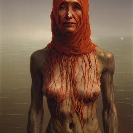 Image similar to face portrait, rocky shore, woman, wrapped around by veins, veiled face, glowing red, by edgar maxence and ross tran, zdzisław beksinski, and michael whelan, distant, gustav dore, h. r. giger, 8 k, octane render