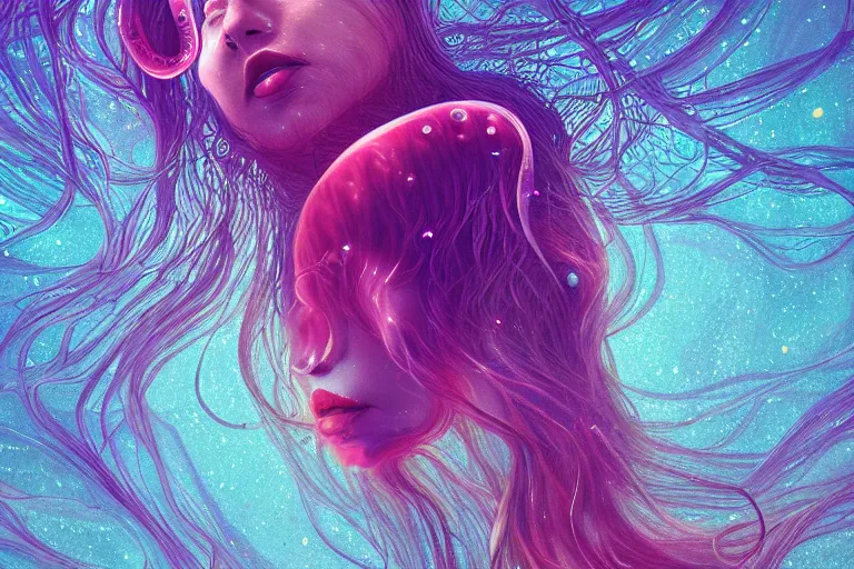 Image similar to full portrait of woman in deep water jellyfish swimming around her, elegant, highly detailed, smooth, sharp focus, trippy, dmt, psychedelic, illustration, beautiful, geometric, trending on artstation, cinematic, artwork by WLOP