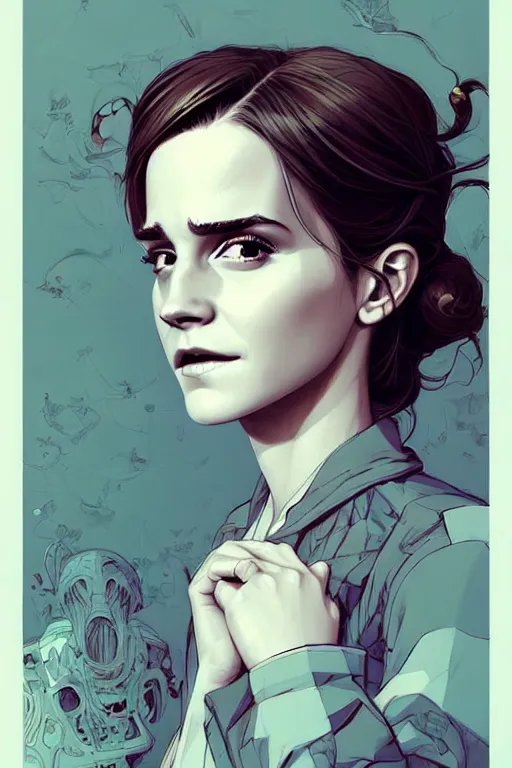 Prompt: a study of detailed cell shaded protrait of Emma Watson, llustration, post grunge, concept art by josan gonzales and wlop, by james jean, Victo ngai, David Rubín, Mike Mignola, Laurie Greasley, highly detailed, sharp focus, alien, Trending on Artstation, HQ, deviantart, art by artgem